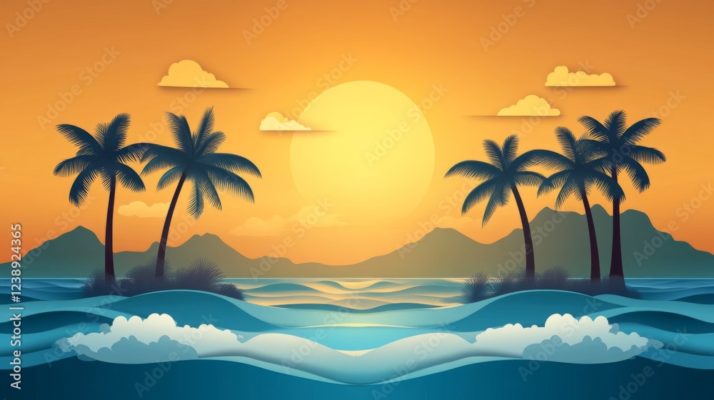 Tropical Sunset Beach Scene with Palm Trees