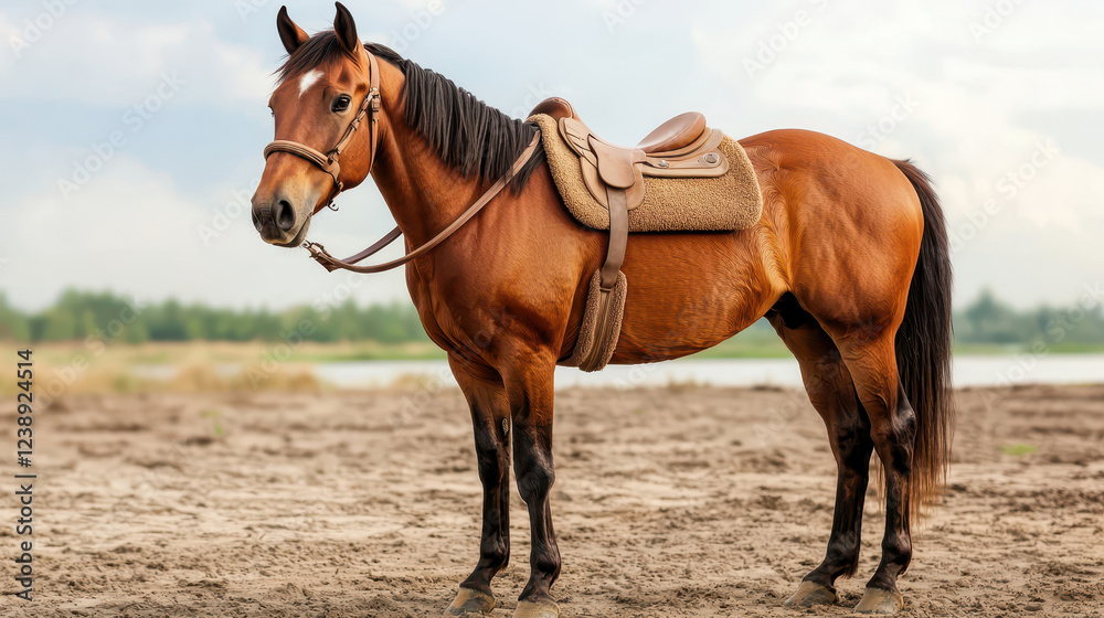 young horse wearing simple saddle stands near serene landscape young horse wearing simple saddle stands near serene landscape
