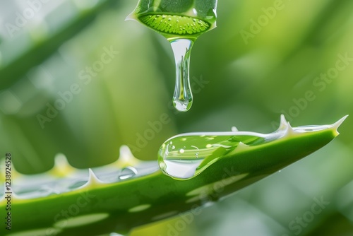 Drop of aloe vera gel dripping from a cut aloe vera leaf
