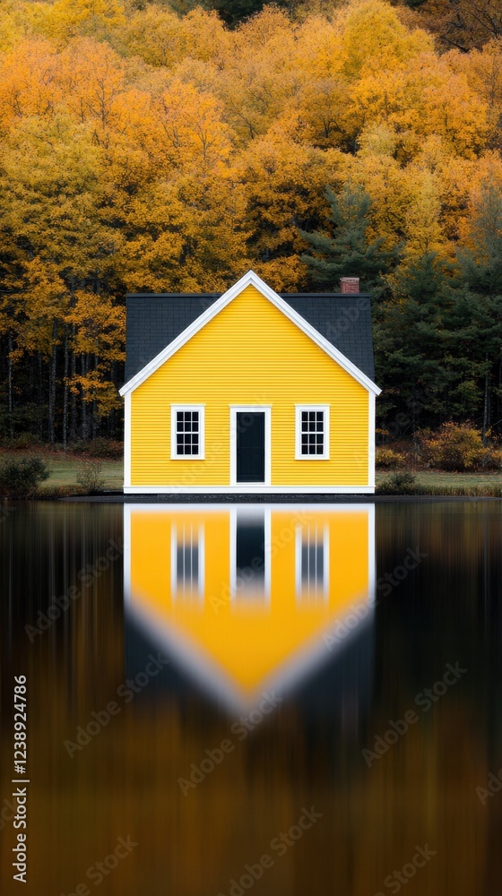 Fototapeta premium Autumn reflections rustic cabin by tranquil lake nature landscape cinematic serenity vibrant foliage
