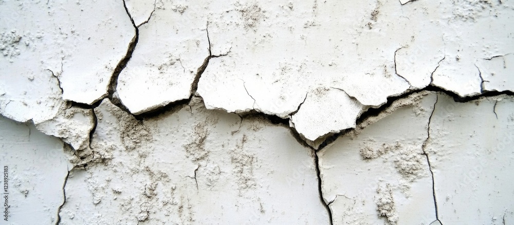 Fototapeta premium Cracked and Weathered White Plaster Wall Surface Close-Up