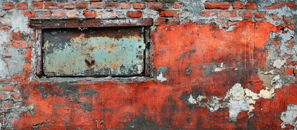 Weathered brick wall with peeling red paint and rusted metal window frame Weathered brick wall with peeling red paint and rusted metal window frame