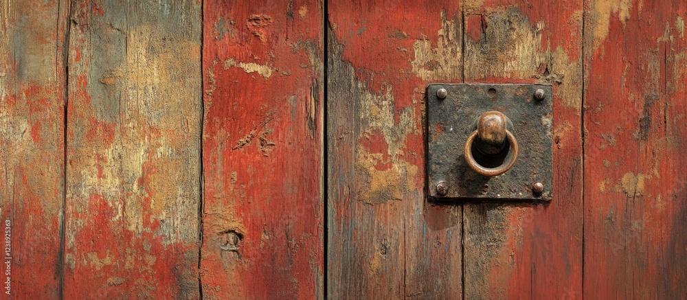 Weathered Red Wooden Door with Rustic Metal Ring Handle and Copy Space Weathered Red Wooden Door with Rustic Metal Ring Handle and Copy Space
