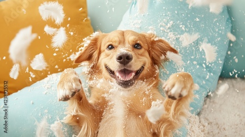 Cute happy dog laying in a messy room full of damaged items. Dog destroyed or torn pillow at home. 