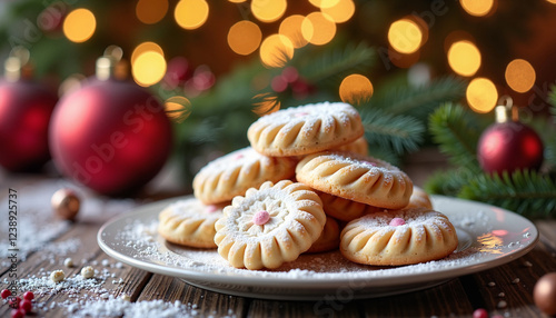 A festive stack of spritz cookies dusted with powdered sugar, surrounded by Christmas decorations and warm lights.