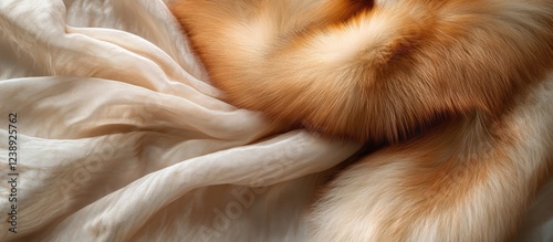Soft textures of cream silk and orange fur exhibit luxurious fabric details with warm tones and natural patterns Copy Space
