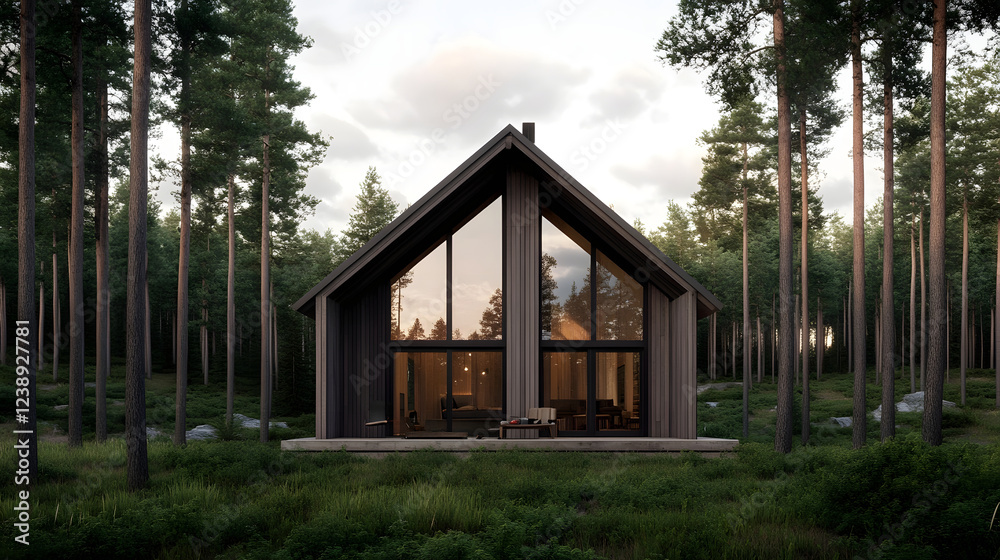 Rustic Cabin Nestled in Dense Forest with Tall Trees and Natural Materials Rustic Cabin Nestled in Dense Forest with Tall Trees and Natural Materials