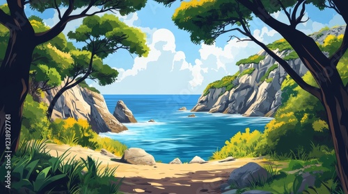 Pixel Art Coastal Landscape: Sunny Ocean Cove photo