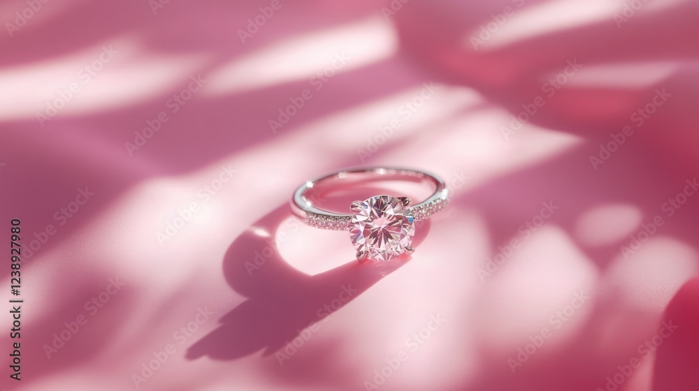 Diamond engagement ring on soft pink background with beautiful shadows and reflections, Copy Space Diamond engagement ring on soft pink background with beautiful shadows and reflections, Copy Space