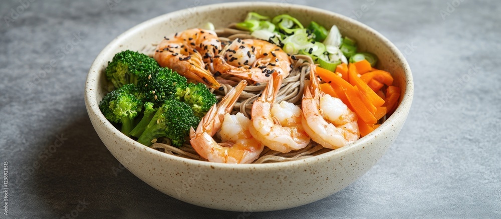 Shrimp and soba noodle bowl garnished with broccoli, carrots, and green onions in a textured bowl on a stone surface with Copy Space Shrimp and soba noodle bowl garnished with broccoli, carrots, and green onions in a textured bowl on a stone surface with Copy Space