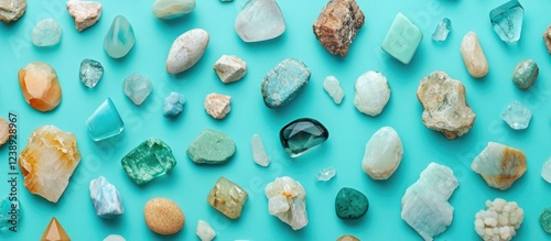 Colorful collection of various natural gemstones and minerals on a turquoise background with Copy Space for text insertion photo
