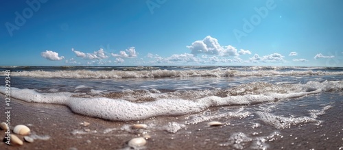 Seascape under clear blue sky with white clouds, gentle ocean waves lapping on sandy beach with seashells, Copy Space photo