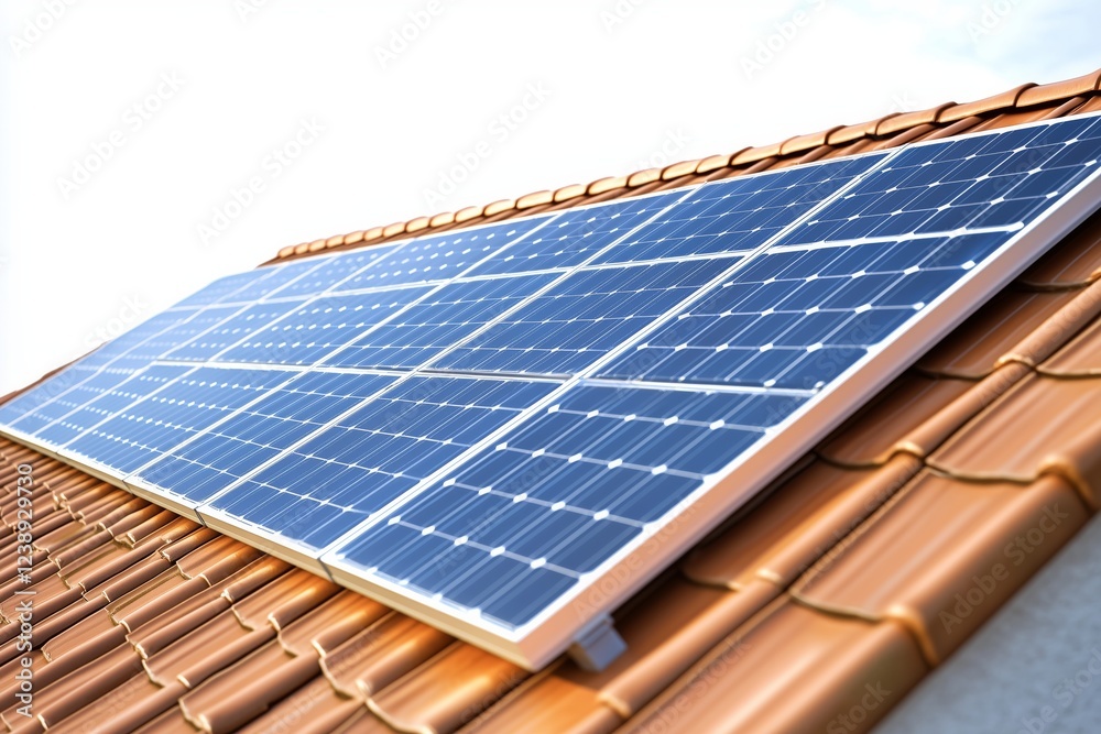 Hyper realistic photo of a solar panel system on a roof, isolated on white background with copy space for text, alternative energy, sustainable, technology Hyper realistic photo of a solar panel system on a roof, isolated on white background with copy space for text, alternative energy, sustainable, technology