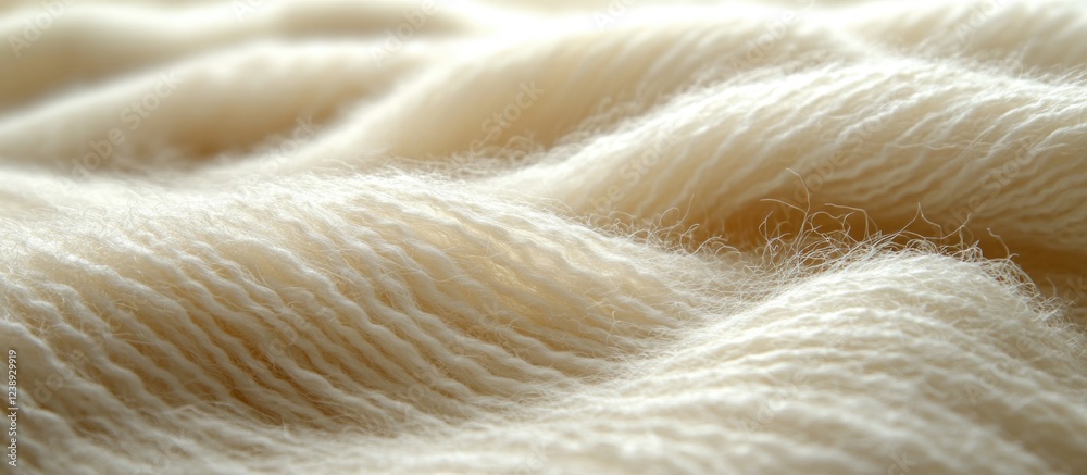 Textured close-up of soft cream colored wool fabric with waves and gentle folds suitable for textile background or design use Copy Space