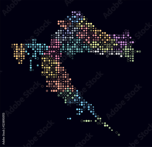 Croatia, shape of the country built of colored cells. Digital style map of Croatia on dark background. Small size circle blocks. Stylish vector illustration.