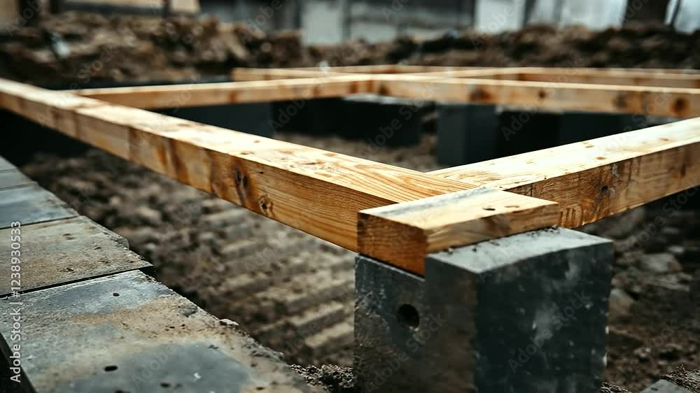 An unfinished foundation with fresh wooden beams and crumbling concrete, symbolizing the start of repair and reinforcement work. An unfinished foundation with fresh wooden beams and crumbling concrete, symbolizing the start of repair and reinforcement work.