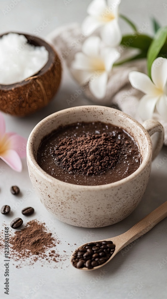 Natural coffee scrub mask with ground coffee and coconut oil in a clean spa setting. pic Natural coffee scrub mask with ground coffee and coconut oil in a clean spa setting. pic