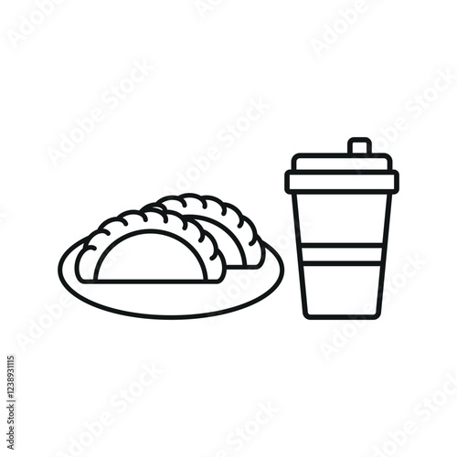 Drink and empanada set food icon represents a delicious snack pairing, perfect for café menus, street food designs, and bakery-themed illustrations.