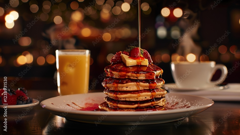 Buttermilk Pancakes: A close-up of stacked fresh pancakes on a white plate, topped with a pat of melting butter and a drizzle of maple syrup. Buttermilk Pancakes: A close-up of stacked fresh pancakes on a white plate, topped with a pat of melting butter and a drizzle of maple syrup.