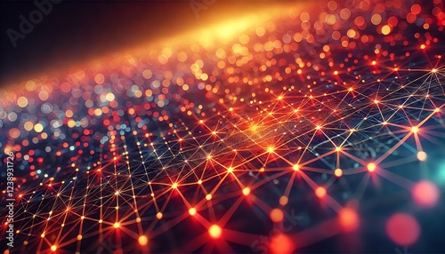 Wallpaper Mural A futuristic network of glowing orange and red nodes connected by thin lines, creating a vast grid that stretches across a dark landscape Torontodigital.ca