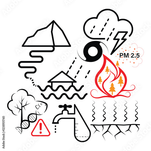 Bold, minimalistic illustration depicting climate change impact, including wildfire, flood, air pollution, and drought. Ideal for environmental campaign, editorial content, and educational material.