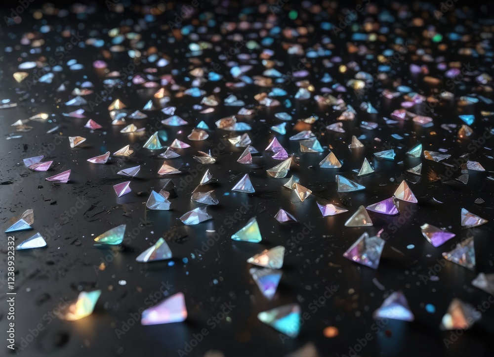 Fototapeta premium Holographic prism shards scattering across a darkened floor , optical effects, prismatic