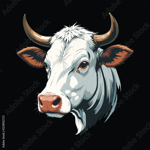 Close-up Illustration of a White Cow's Head/A stylized, close-up illustration of a cow's head, featuring a white coat with hints of orange/brown accents, set against a muted teal backdrop.