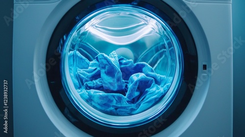 Bright blue garments swirl inside a transparent washing machine, illuminated by soft light. The modern design and colors create a visually striking contrast, showcasing the joy of laundry day photo