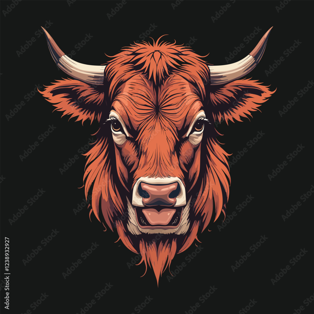 Fototapeta premium Fierce Bull Head Illustration in Vibrant Orange/This close-up illustration showcases a bull's head, rendered in a bold, stylized manner with rich orange hues against a deep navy background.