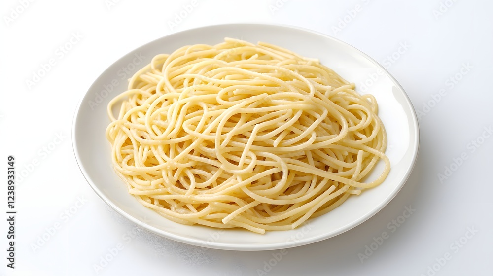 Serving of plain spaghetti on clean white plate isolated on white background. Classic food close up Serving of plain spaghetti on clean white plate isolated on white background. Classic food close up