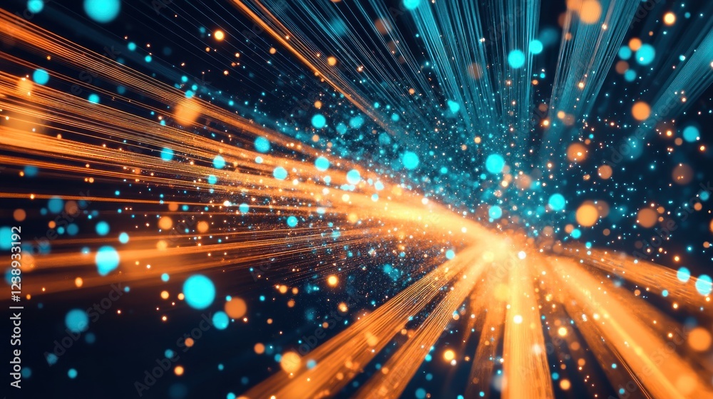 Naklejka premium Abstract blue and orange light streaks and particles in dark space.