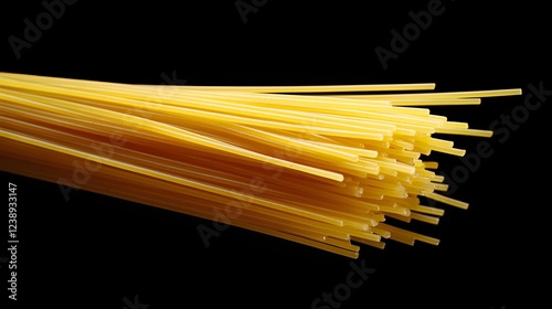 Bundle of uncooked spaghetti sticks on black background. Italian food classic contrast background