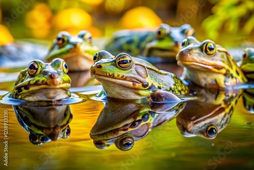 Group of Iberian Water Frogs Resting in a Pond (Pelophylax perezi) photo