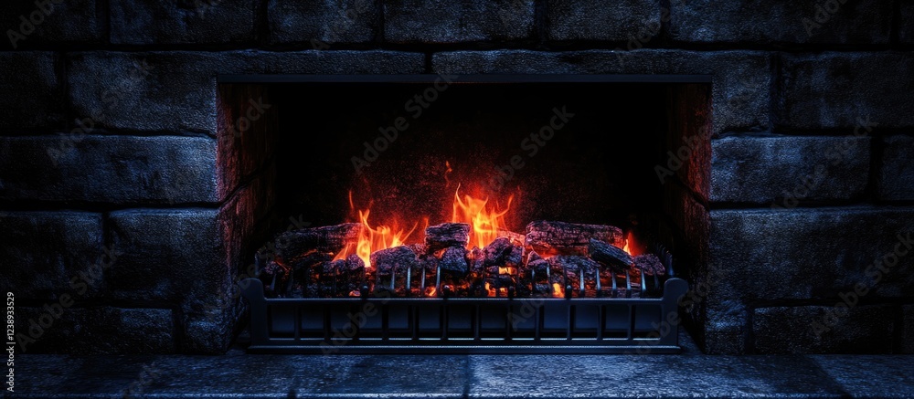 Realistic fireplace with glowing embers and dark stone surround displaying warm flames and intricate details Copy Space Realistic fireplace with glowing embers and dark stone surround displaying warm flames and intricate details Copy Space