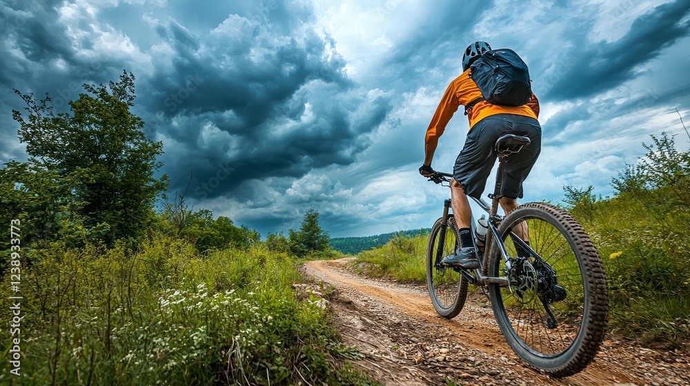 Mountain Biker Riding on Trail Under Dramatic Stormy Sky Mountain Biker Riding on Trail Under Dramatic Stormy Sky