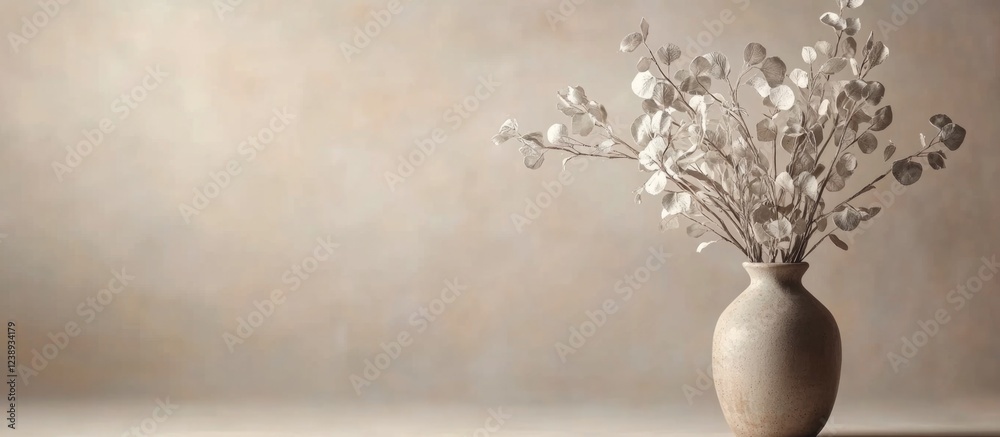 Minimalistic vase with dried flowers against a soft neutral background with ample Copy Space for text placement Minimalistic vase with dried flowers against a soft neutral background with ample Copy Space for text placement