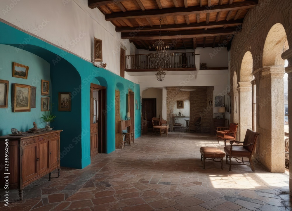 Obraz premium Interior del antiguo edificio colonia del sacramento con mobiliario antiguo , antigua ciudad, america, historia