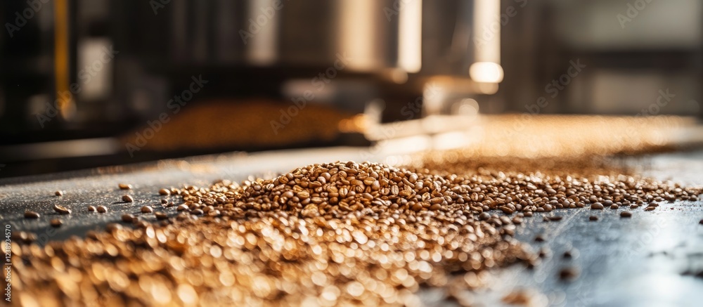 Coffee beans scattered on a shiny metallic surface with industrial equipment in the background and soft focus lighting Copy Space Coffee beans scattered on a shiny metallic surface with industrial equipment in the background and soft focus lighting Copy Space