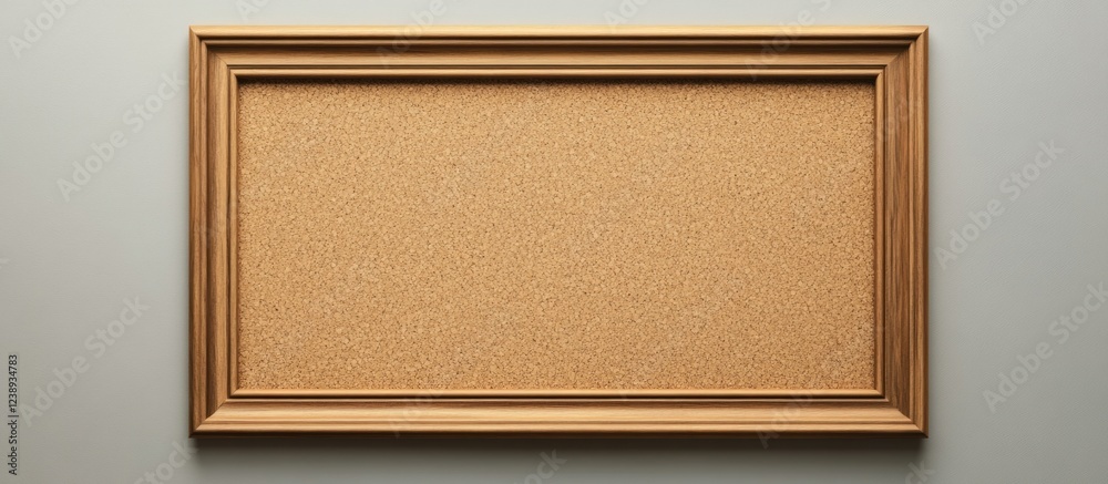 Fototapeta premium Cork bulletin board in wooden frame with textured surface and blank space for notes or messages on neutral background