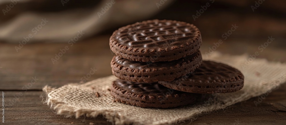 Chocolate sandwich cookies stacked on burlap cloth with wooden background and soft natural lighting Copy Space Chocolate sandwich cookies stacked on burlap cloth with wooden background and soft natural lighting Copy Space
