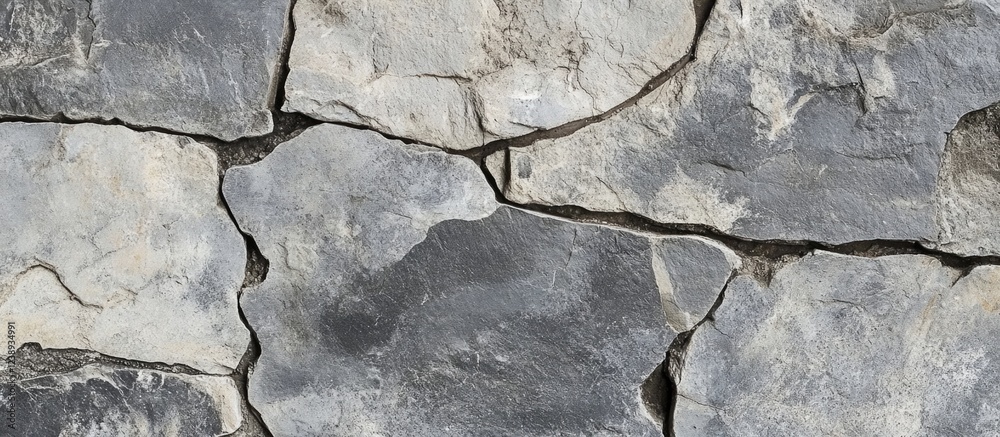 Fototapeta premium Textured surface of uneven gray stone wall with visible cracks and crevices suitable for background or architectural design use Copy Space