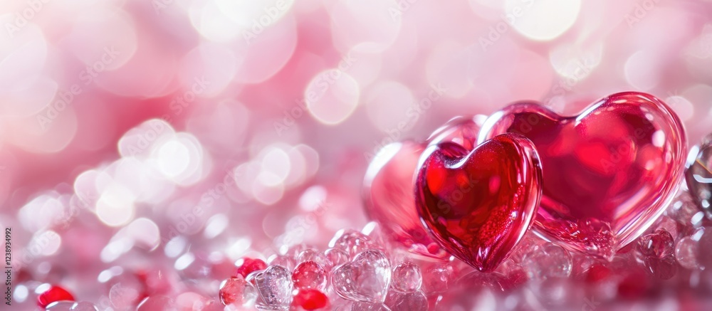 Romantic Red Hearts with Sparkling Pink Bokeh Background and Copy Space Romantic Red Hearts with Sparkling Pink Bokeh Background and Copy Space