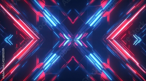 Abstract red and blue neon light X-shaped geometric pattern background. photo