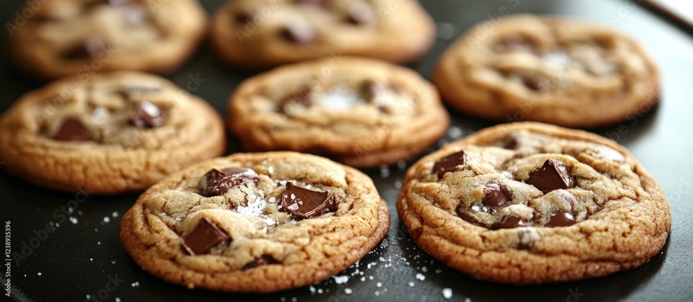 Freshly baked chocolate chip cookies on a baking tray with sea salt flakes and golden brown edges Copy Space Freshly baked chocolate chip cookies on a baking tray with sea salt flakes and golden brown edges Copy Space