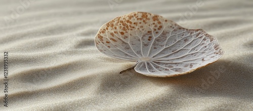 Close-up of a dry leaf on beige sand with gentle ripples and texture, natural lighting, neutral background for copy space. photo