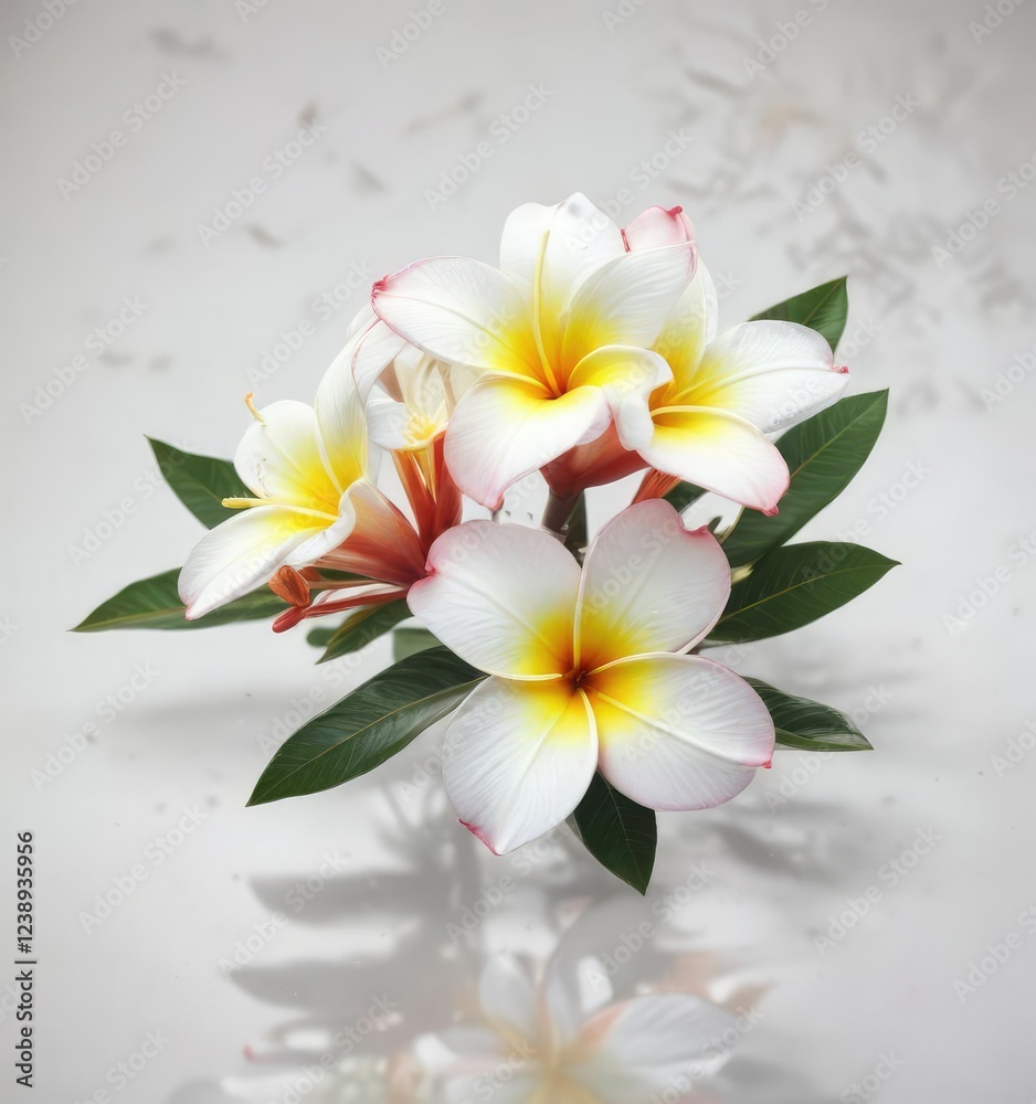 Fototapeta premium Isolated plumeria blossom against a white backdrop, simplicity, bloom, botanical, beauty, vivid