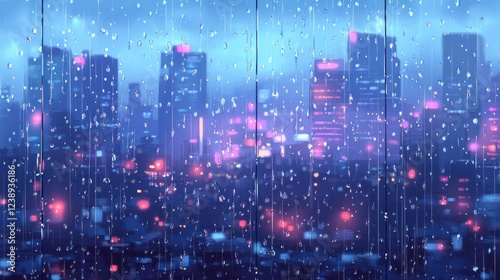 Rainy night cityscape viewed through rain-streaked window.