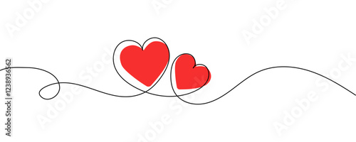 One continuous line drawing of two hearts isolated on transparent background. Editable stroke. Vector illustration 
