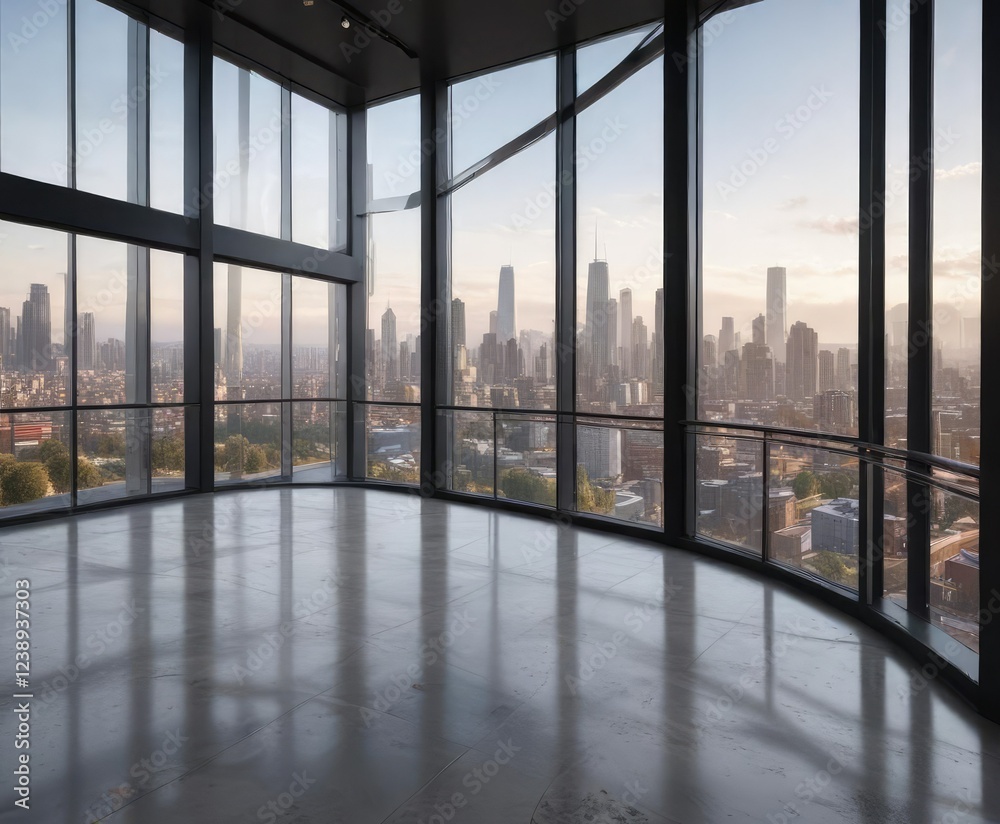 Fototapeta premium Large, floor-to-ceiling windows with stunning city views and modern glass railings, contemporary feel, panoramic views
