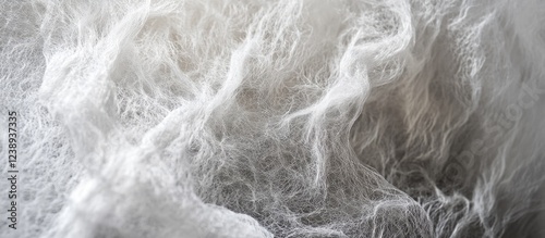 Close-up texture of soft white fibers resembling cotton or fluff with natural light shadows and highlights Copy Space